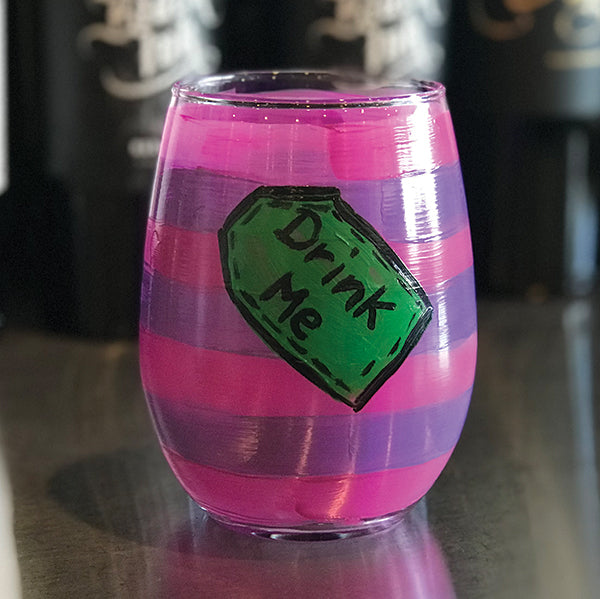 Cheshire Cat Wine Glass Painting at Dark Heart Coffee Bar