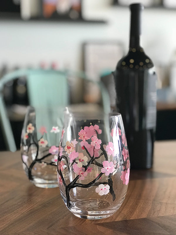 Cherry Blossoms Wine Glass Painting - March