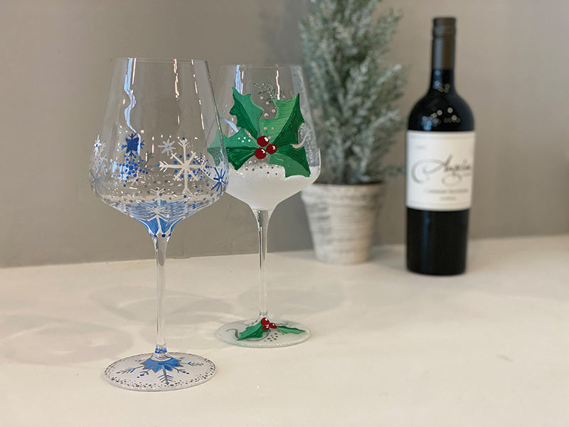 Holiday Wine Glasses at desk chair workspace